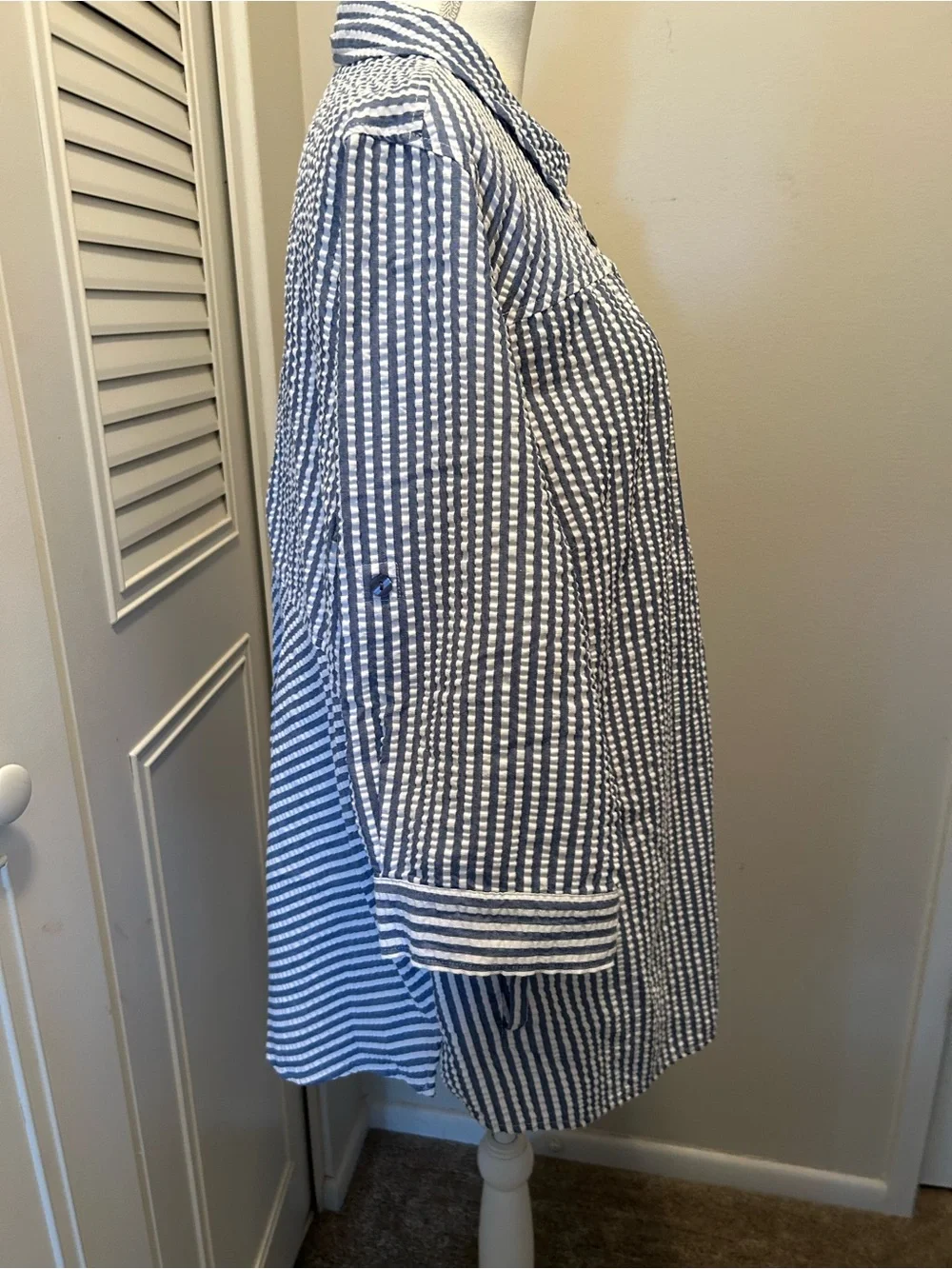 Joan Rivers 1X seersucker blue and white striped cotton poly 3/4 sleeves